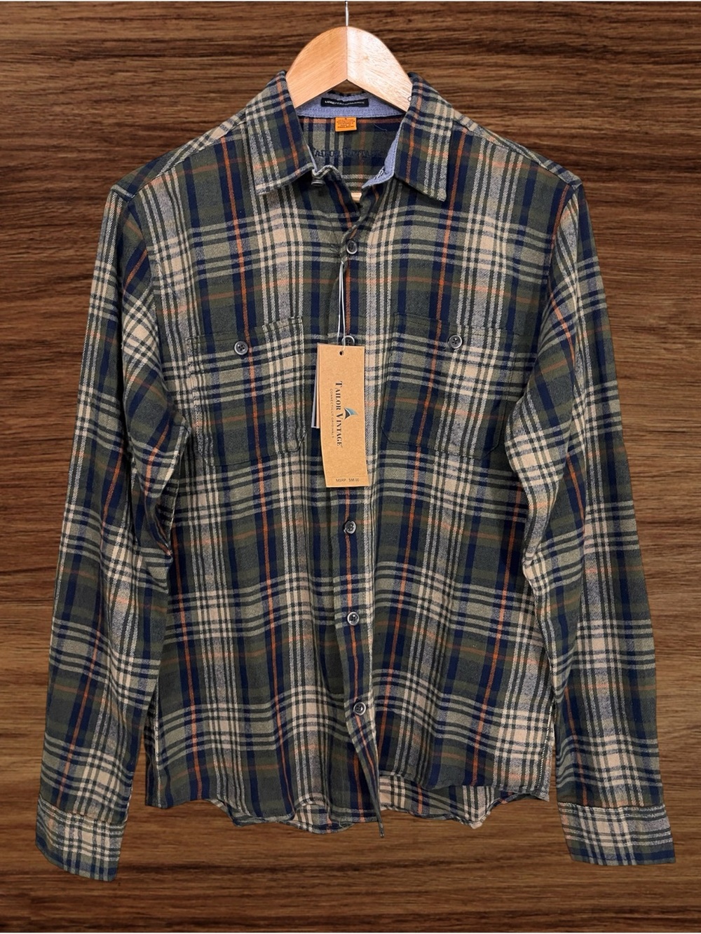 Tailor Vintage Men’s Army Telluride Plaid Stretch Flannel Shirt. Size Small.